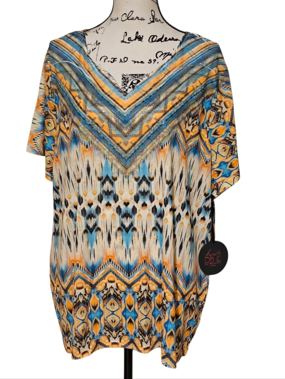 French Blue Boho V-Neck Printed Tunic Top in Blue and Gold